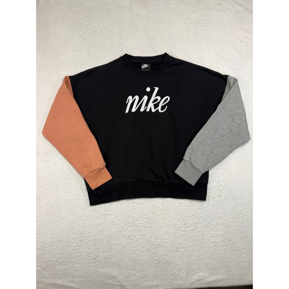 Nike Womens Colorblock Crewneck Sweatshirt Black Peach Gray Script Logo Medium